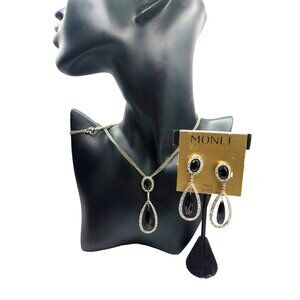 Monet Black Rhinestone Necklace & Earrings Set New Old Stock Vintage Clip Ons